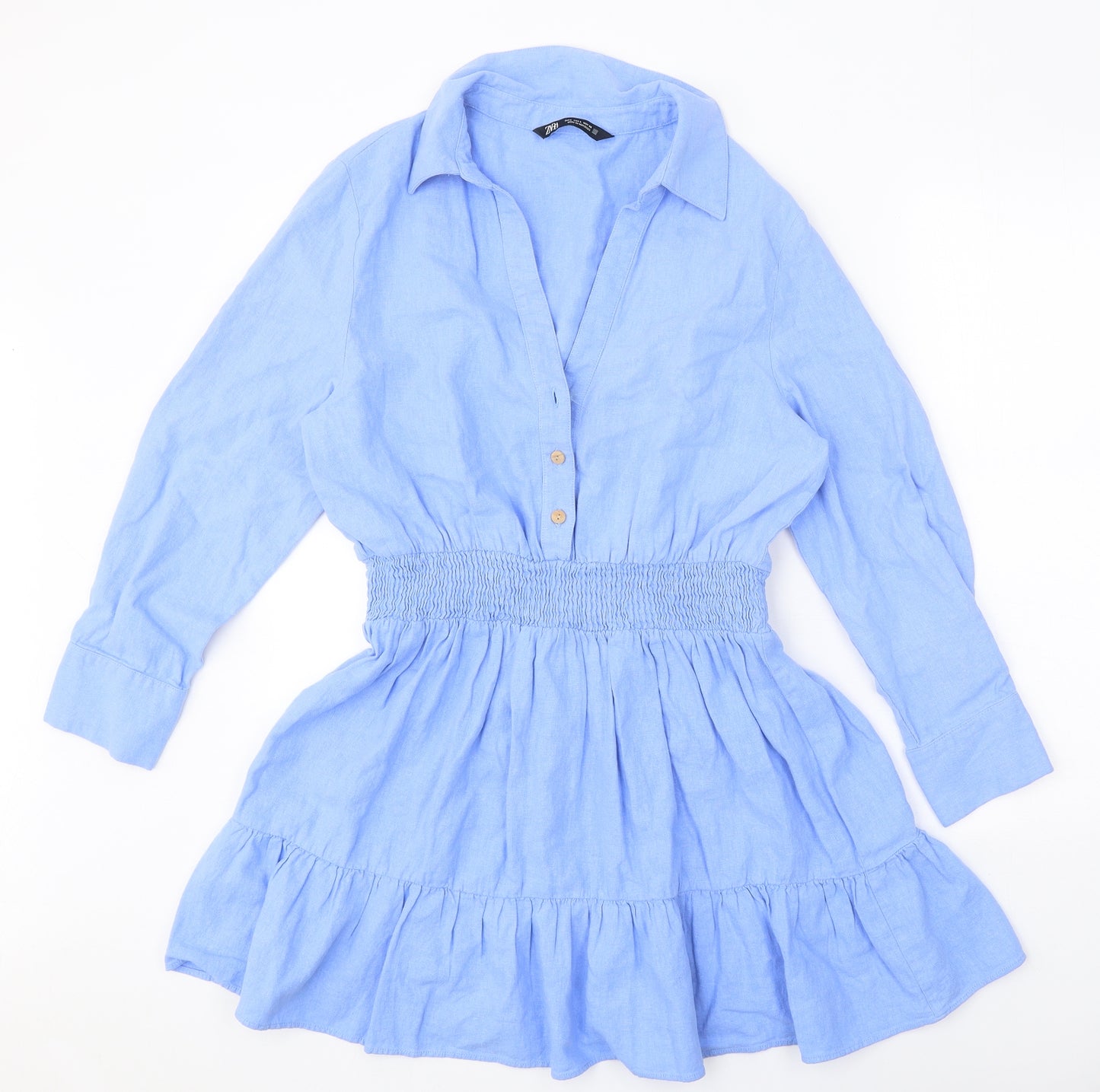 Zara Womens Blue Viscose A-Line Size L V-Neck Button