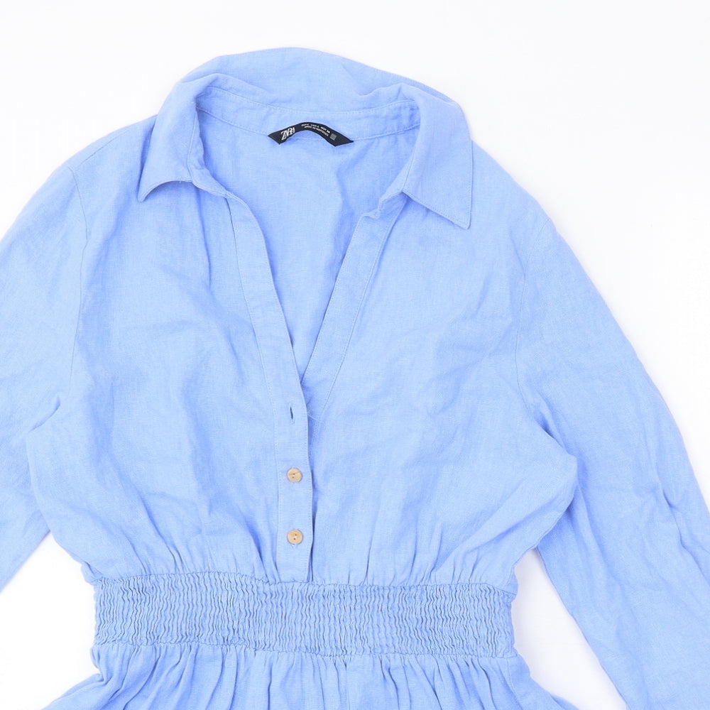 Zara Womens Blue Viscose A-Line Size L V-Neck Button