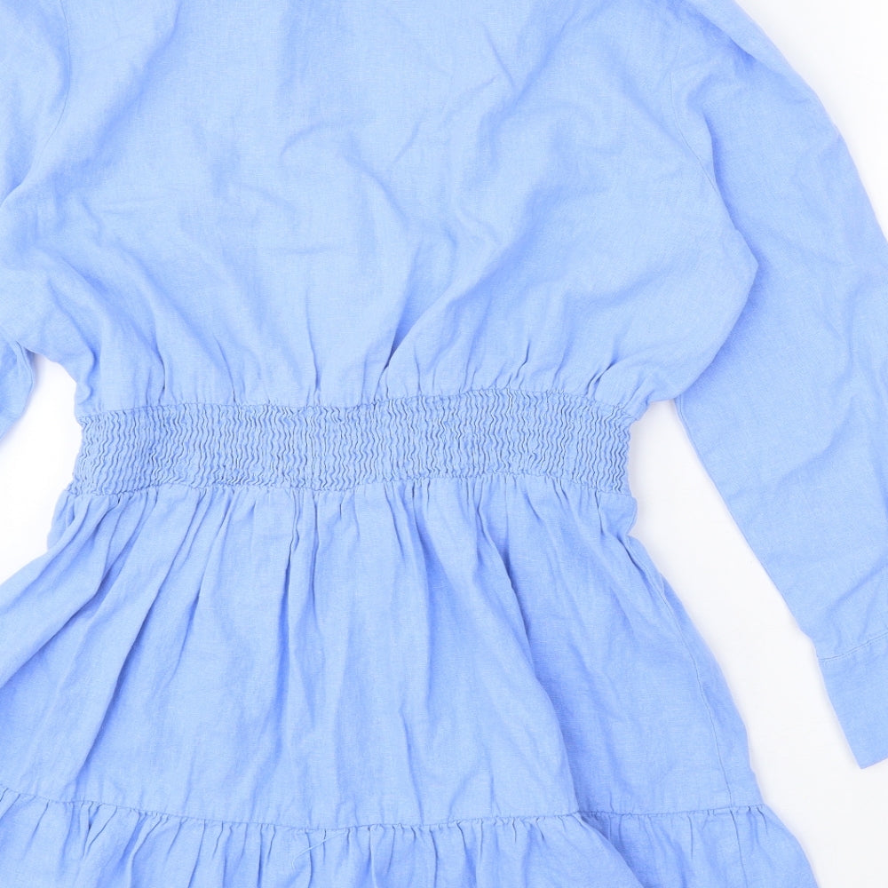 Zara Womens Blue Viscose A-Line Size L V-Neck Button
