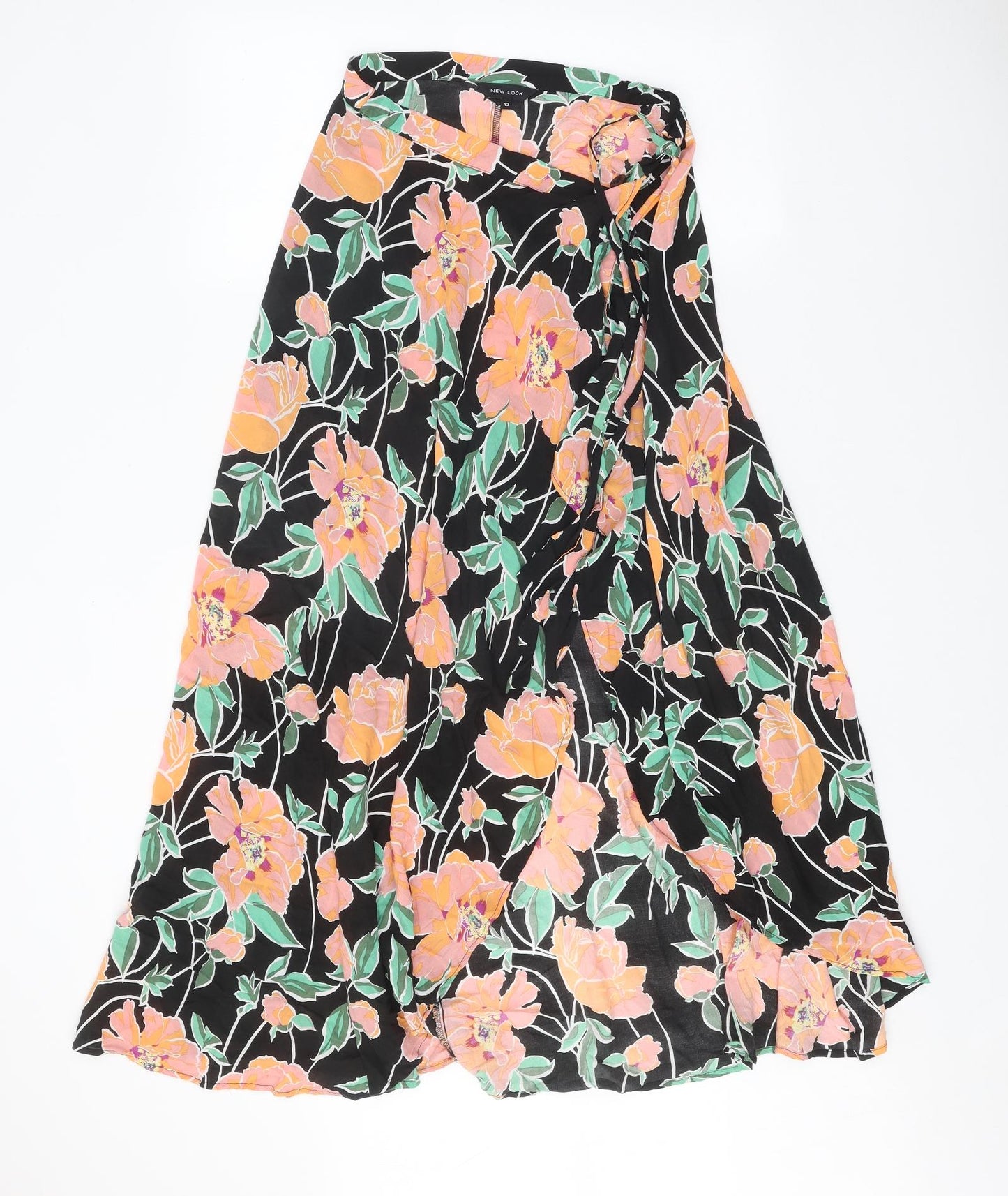 New Look Womens Black Floral Polyester A-Line Skirt Size 12 Button