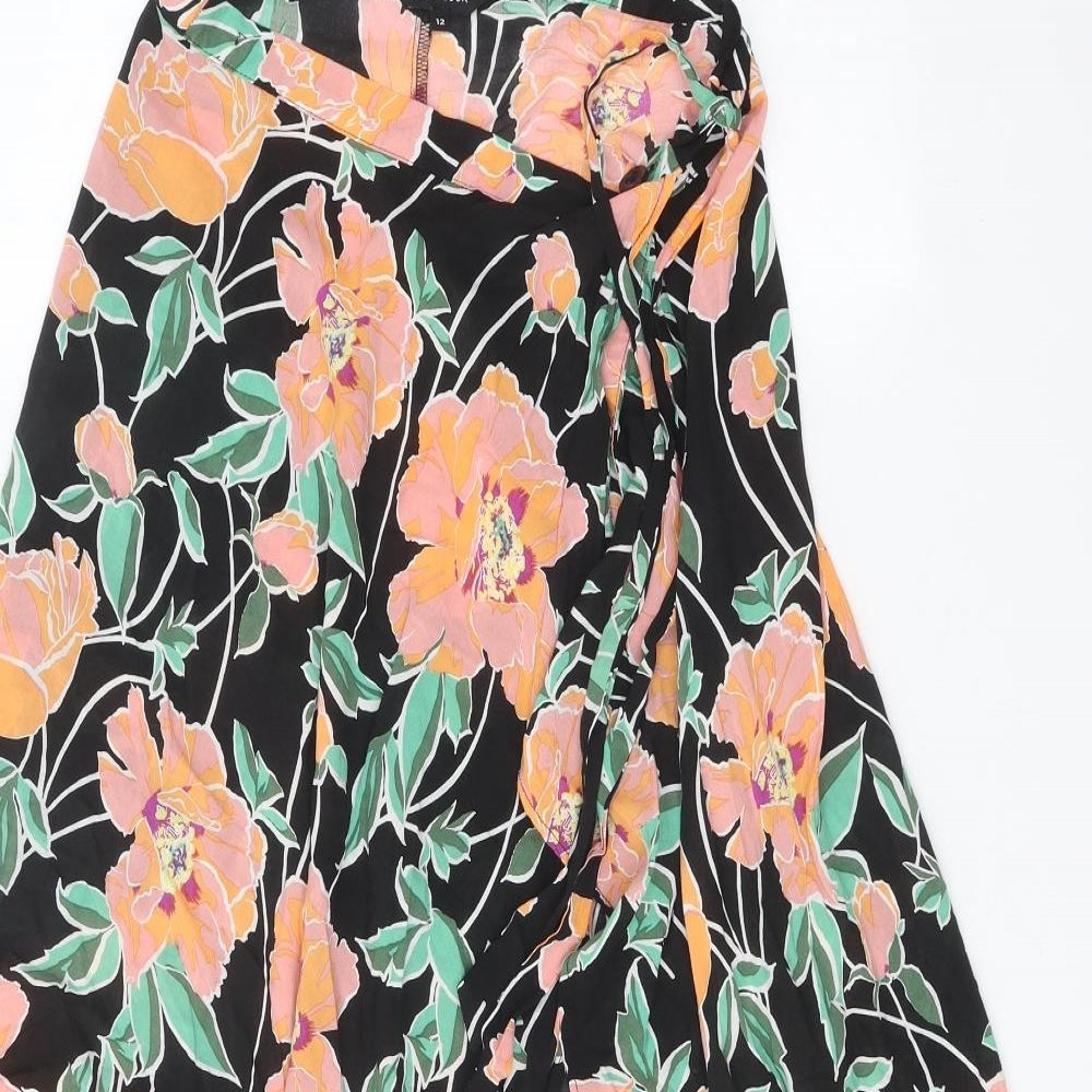 New Look Womens Black Floral Polyester A-Line Skirt Size 12 Button