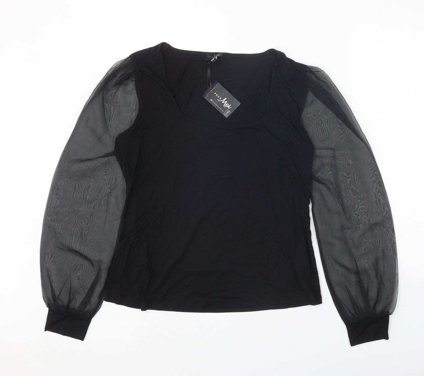 Pour Moi Womens Black Viscose Basic Blouse Size 16 Square Neck - Chiffon Sleeve Detail