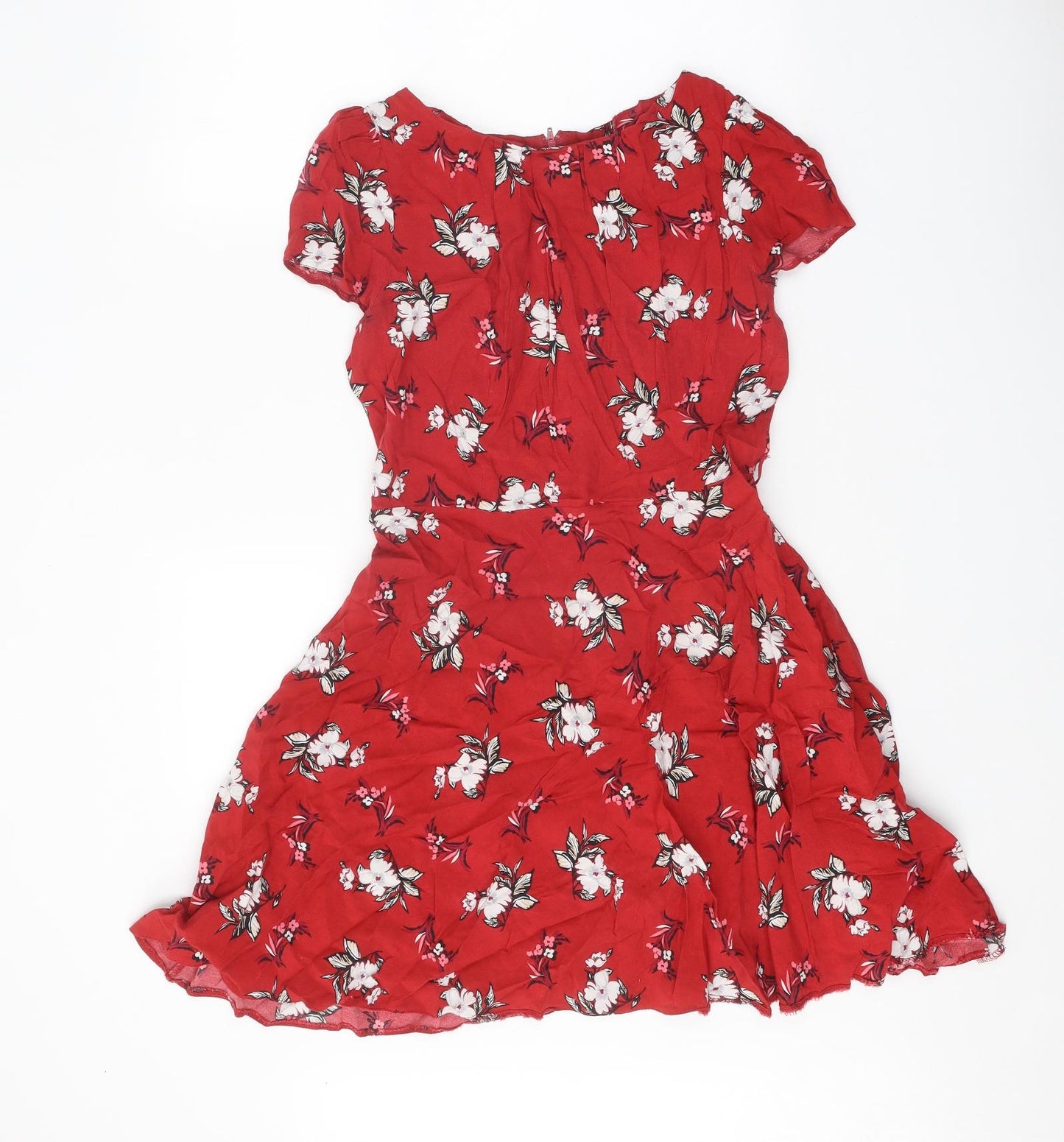 Dorothy Perkins Womens Red Floral Viscose Skater Dress Size 12 Round Neck Zip