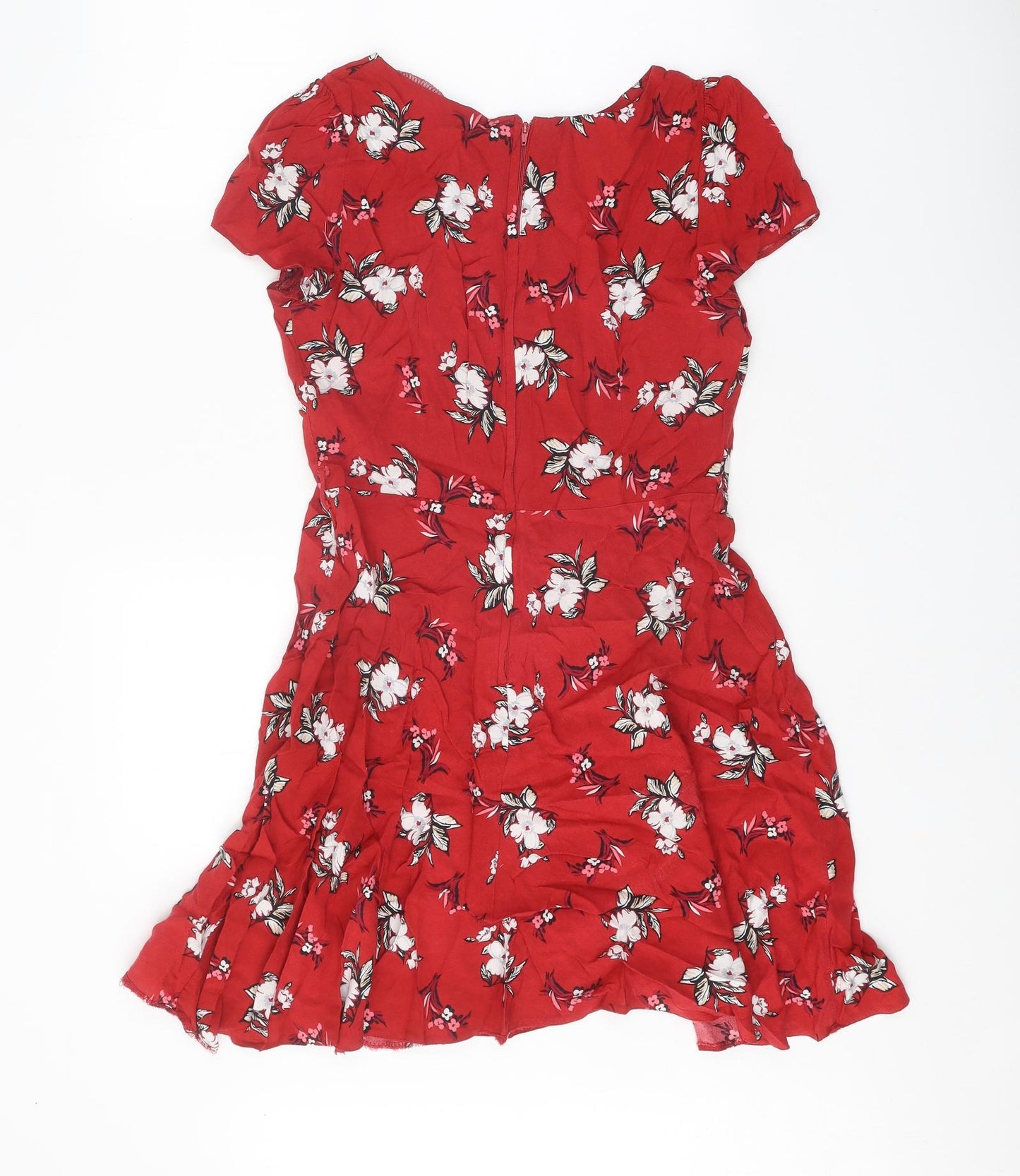 Dorothy Perkins Womens Red Floral Viscose Skater Dress Size 12 Round Neck Zip