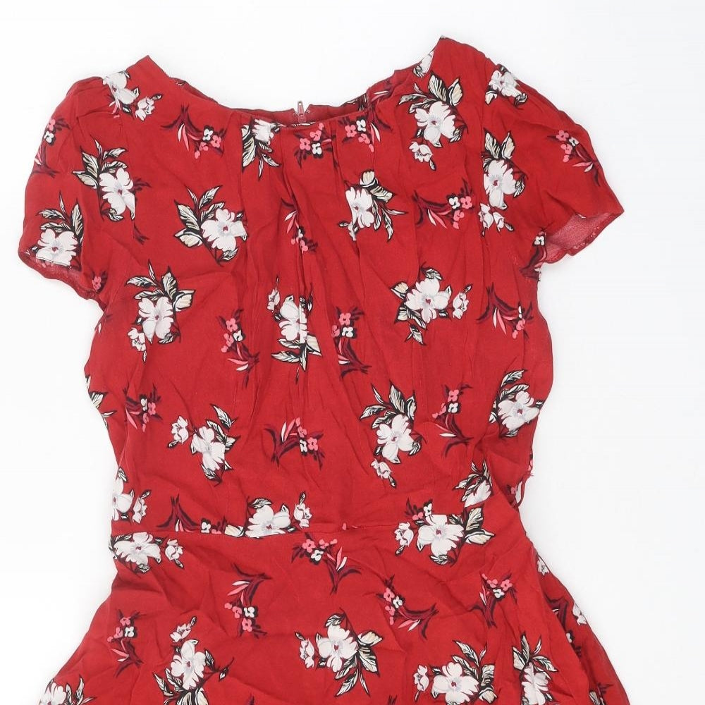 Dorothy Perkins Womens Red Floral Viscose Skater Dress Size 12 Round Neck Zip