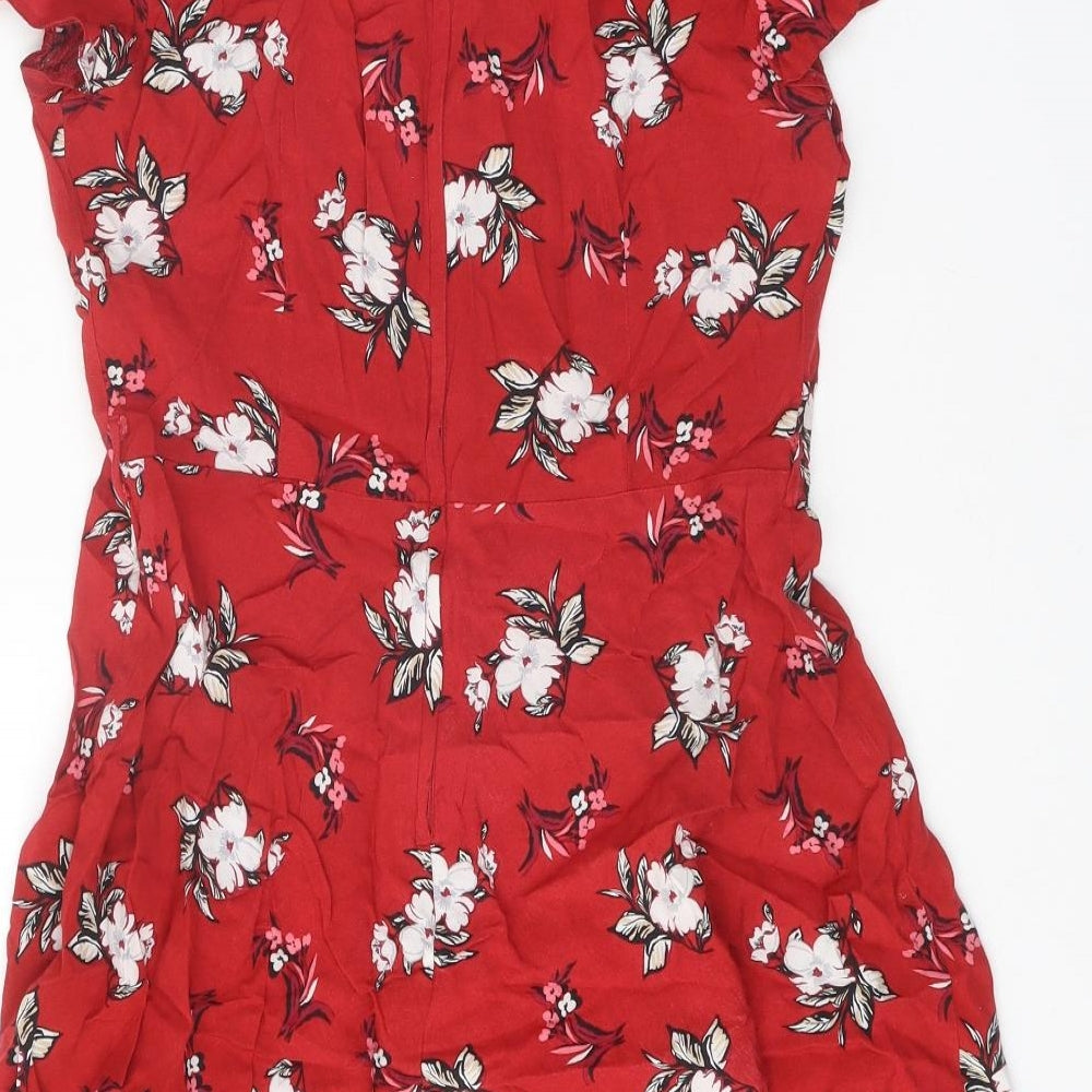 Dorothy Perkins Womens Red Floral Viscose Skater Dress Size 12 Round Neck Zip