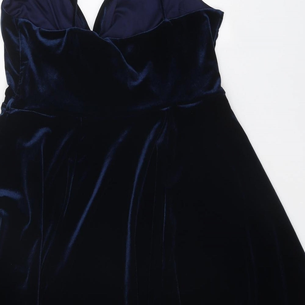 Miss Selfridge Womens Blue Polyester Skater Dress Size 16 V-Neck Pullover