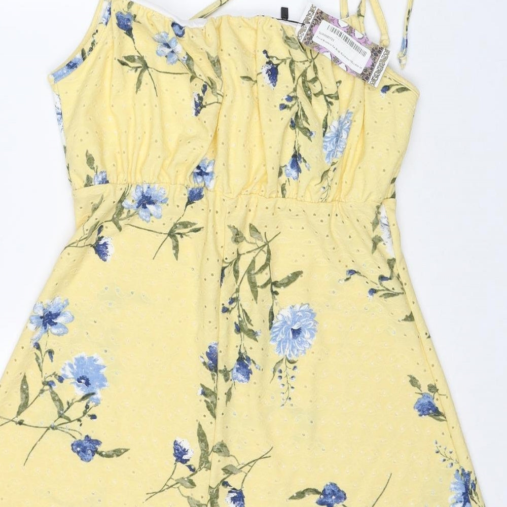 Boohoo Womens Yellow Floral Polyester Fit & Flare Size 16 Square Neck Pullover