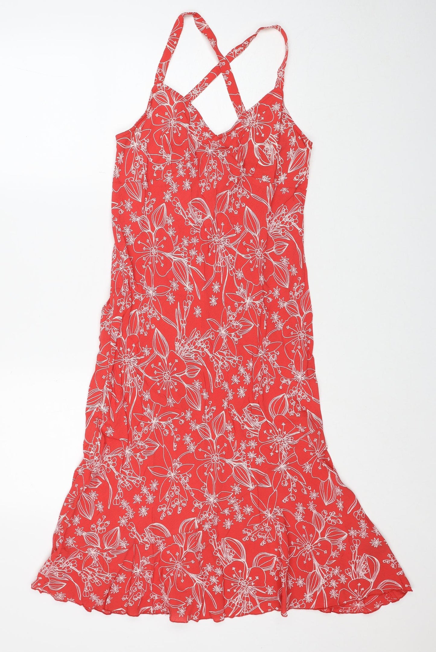 Preworn Womens Red Floral Viscose A-Line Size 14 V-Neck Pullover - Cross Back Strap Detail