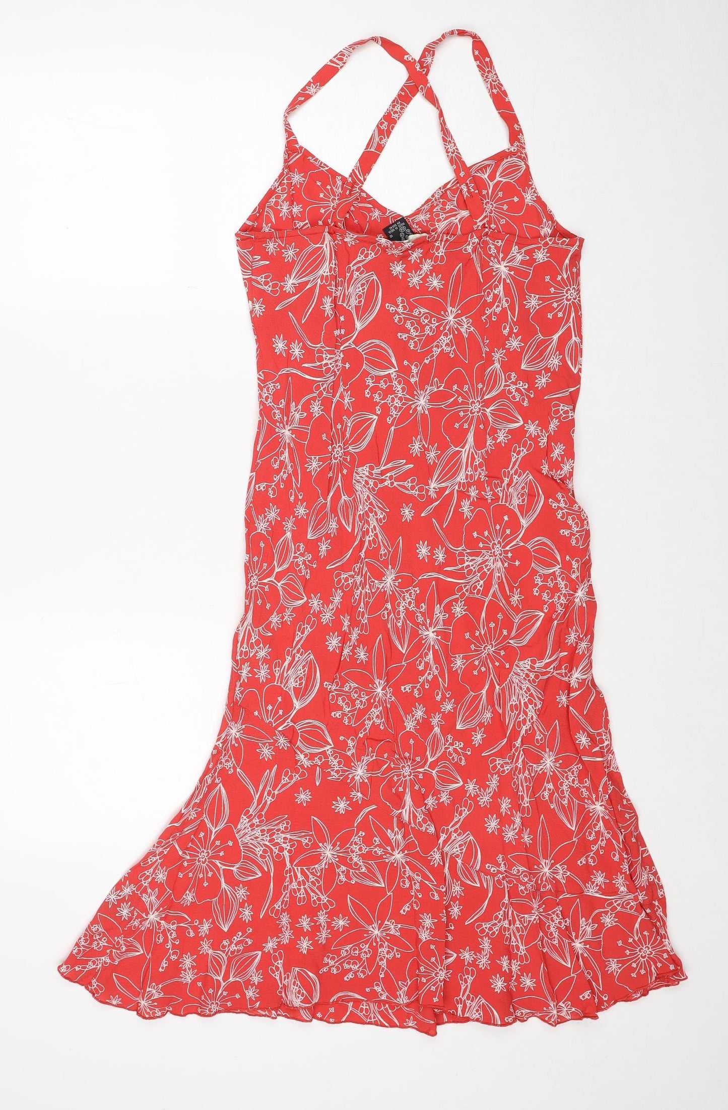Preworn Womens Red Floral Viscose A-Line Size 14 V-Neck Pullover - Cross Back Strap Detail
