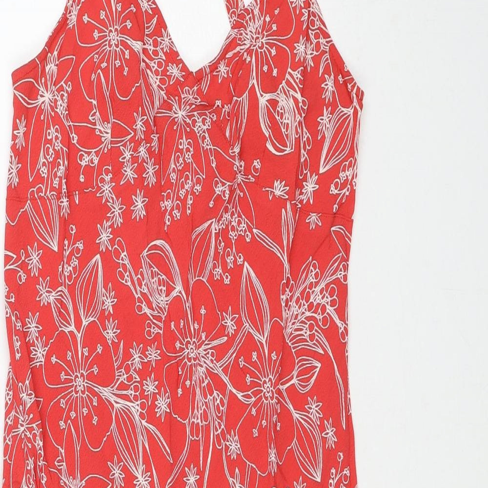 Preworn Womens Red Floral Viscose A-Line Size 14 V-Neck Pullover - Cross Back Strap Detail