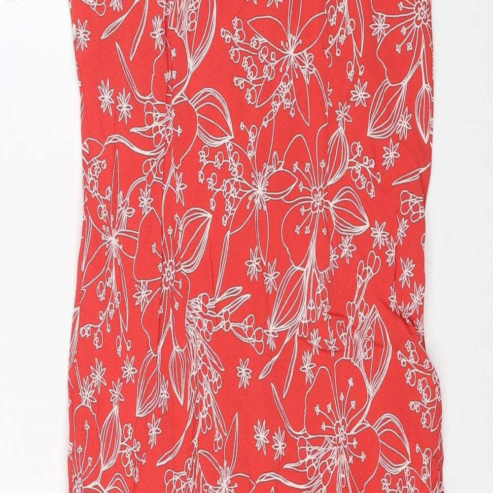 Preworn Womens Red Floral Viscose A-Line Size 14 V-Neck Pullover - Cross Back Strap Detail