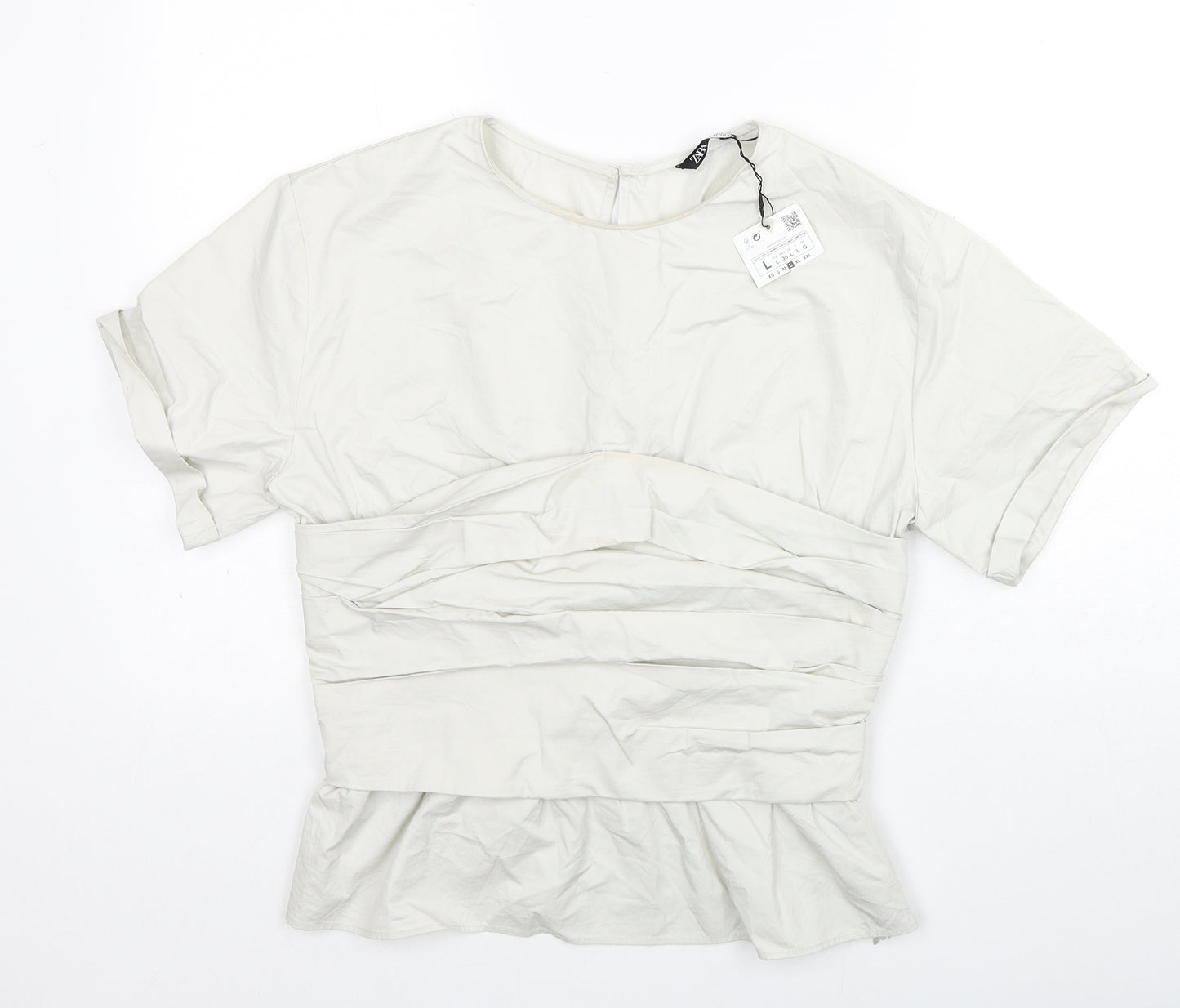 Zara Womens Grey Cotton Basic Blouse Size L Round Neck