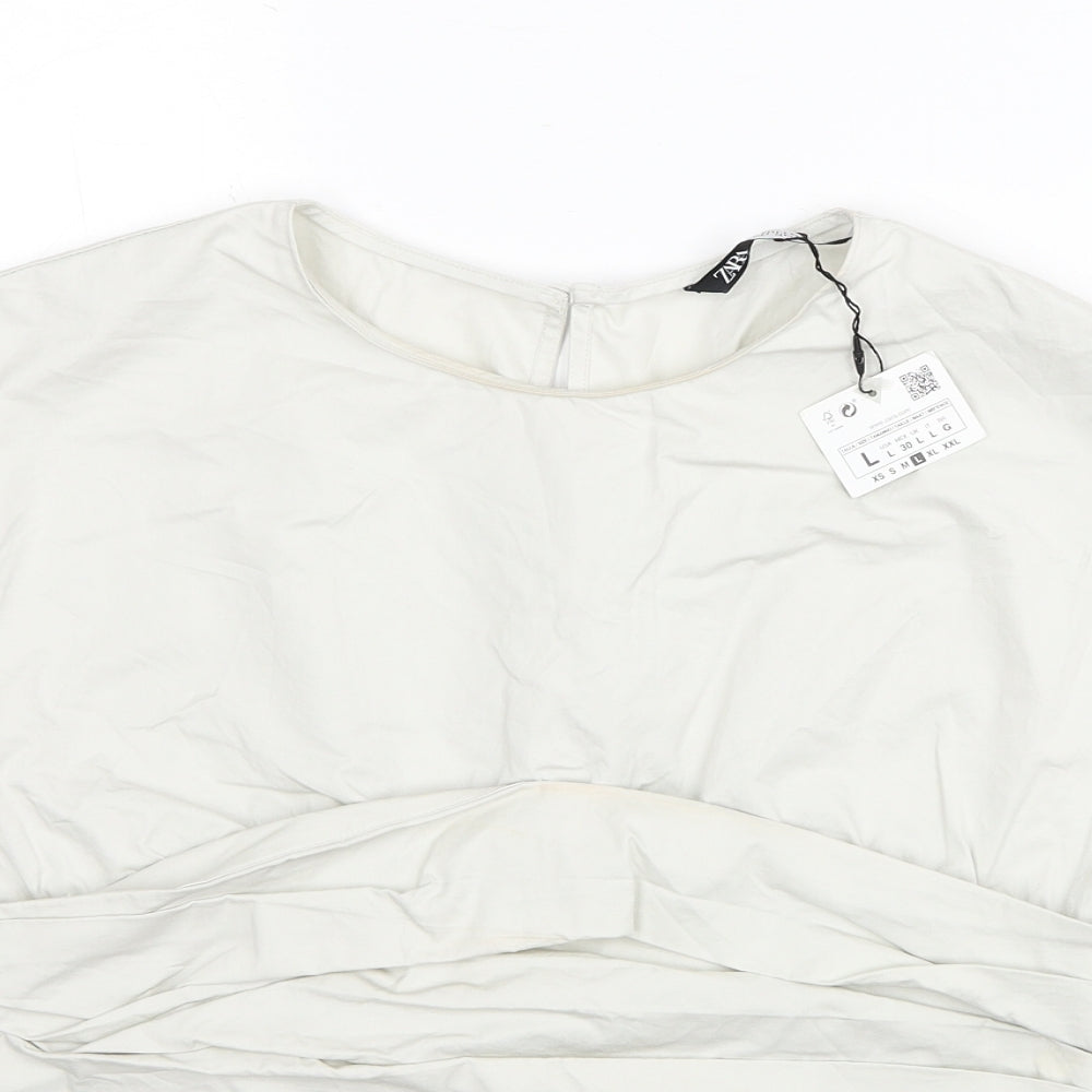 Zara Womens Grey Cotton Basic Blouse Size L Round Neck