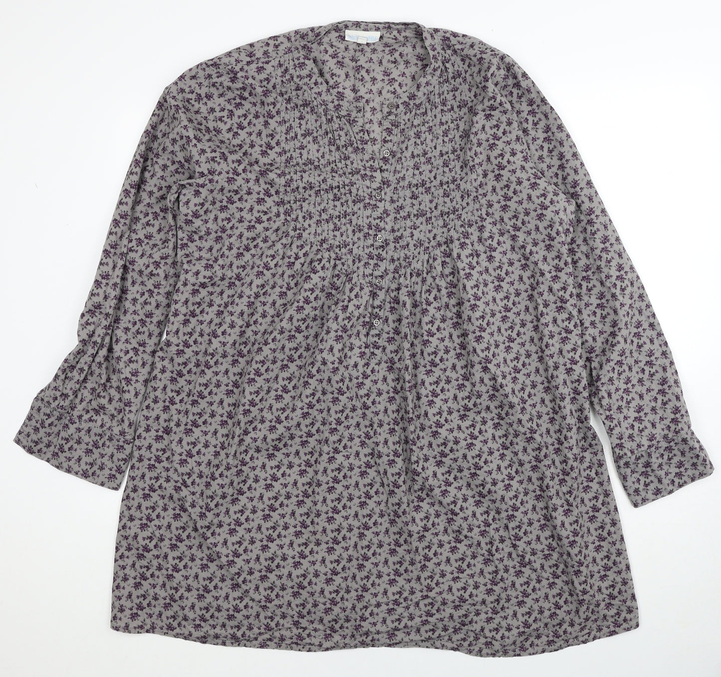 JoJo Maman Womens Grey Floral Cotton Shift Size L V-Neck Button