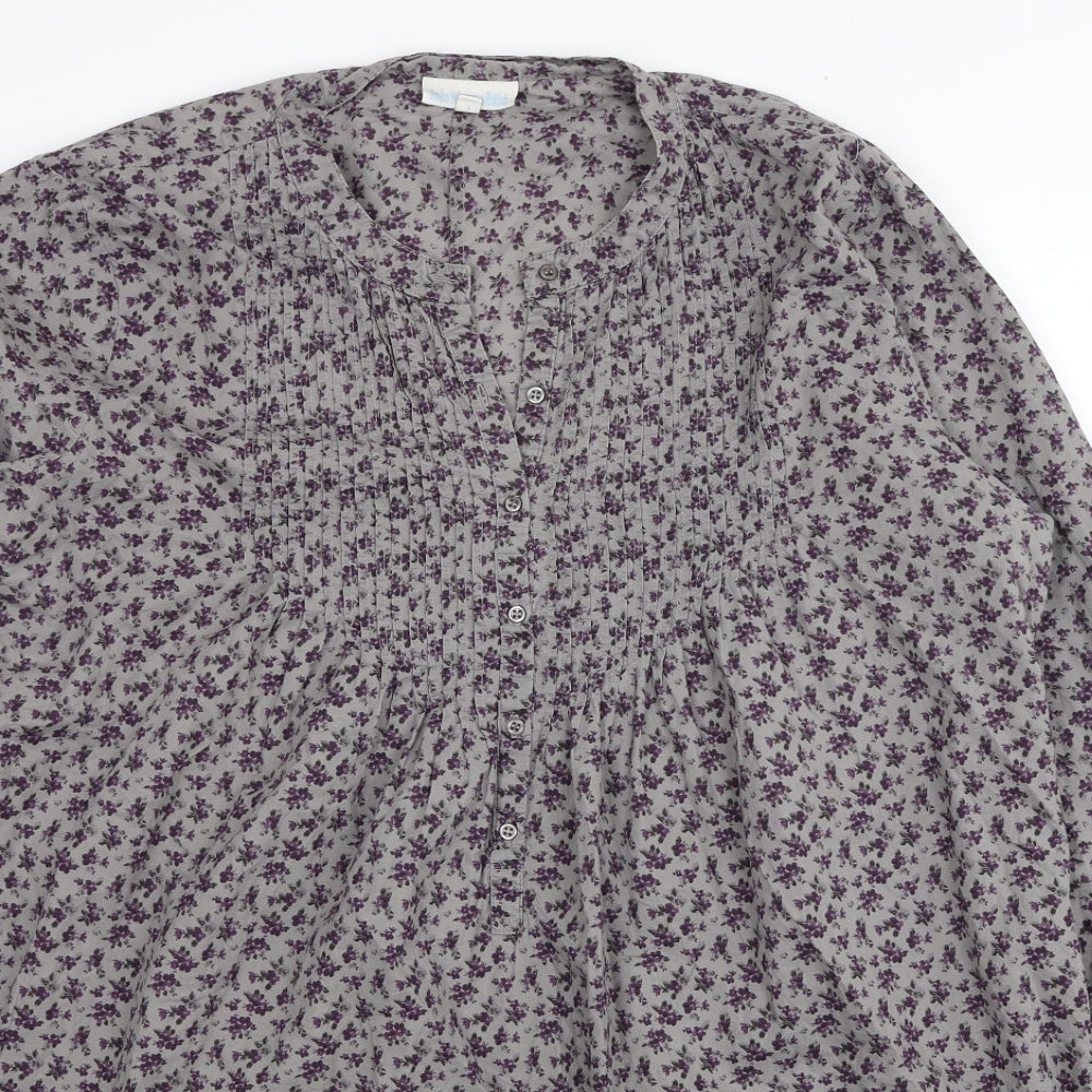 JoJo Maman Womens Grey Floral Cotton Shift Size L V-Neck Button