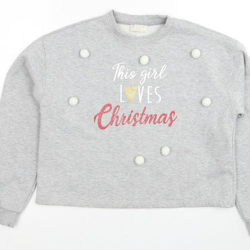Lipsy Girls Grey Cotton Pullover Sweatshirt Size 13-14 Years Pullover - Christmas Pom Pom Detail