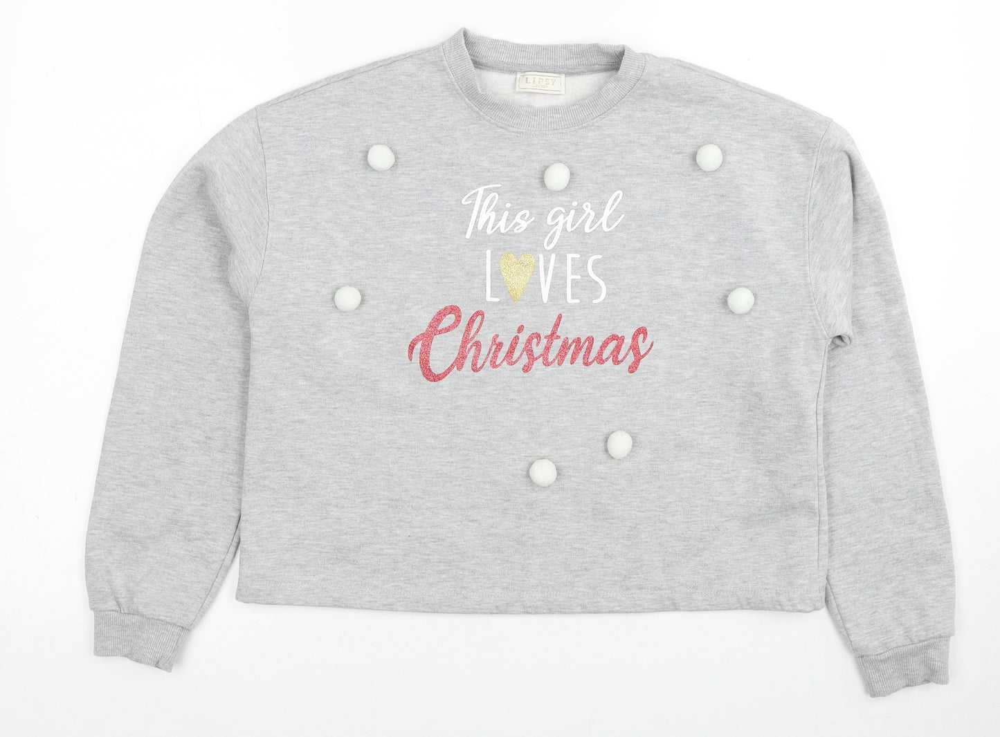 Lipsy Girls Grey Cotton Pullover Sweatshirt Size 13-14 Years Pullover - Christmas Pom Pom Detail
