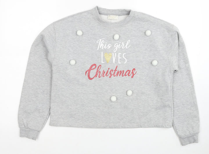 Lipsy Girls Grey Cotton Pullover Sweatshirt Size 13-14 Years Pullover - Christmas Pom Pom Detail