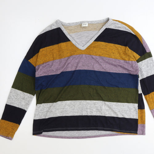Jaqueline de Yong Womens Multicoloured V-Neck Striped Polyester Pullover Jumper Size M