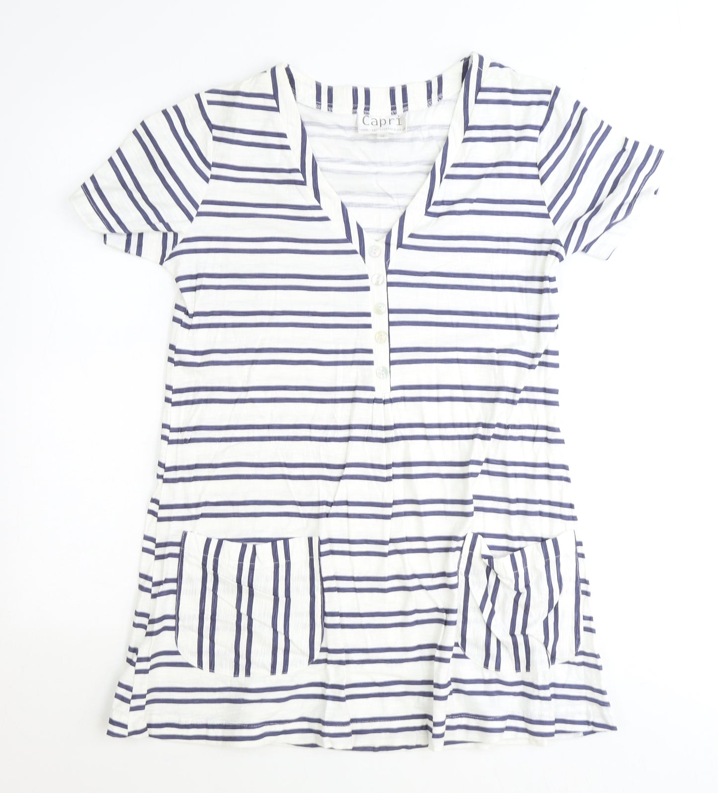 Capri Womens White Striped Polyester Tunic T-Shirt Size 12 V-Neck