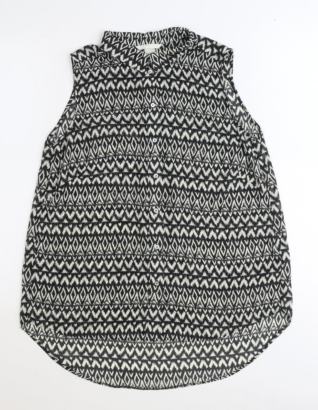 Zara Womens Black Geometric Viscose Basic Button-Up Size 10 Collared