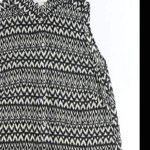 Zara Womens Black Geometric Viscose Basic Button-Up Size 10 Collared