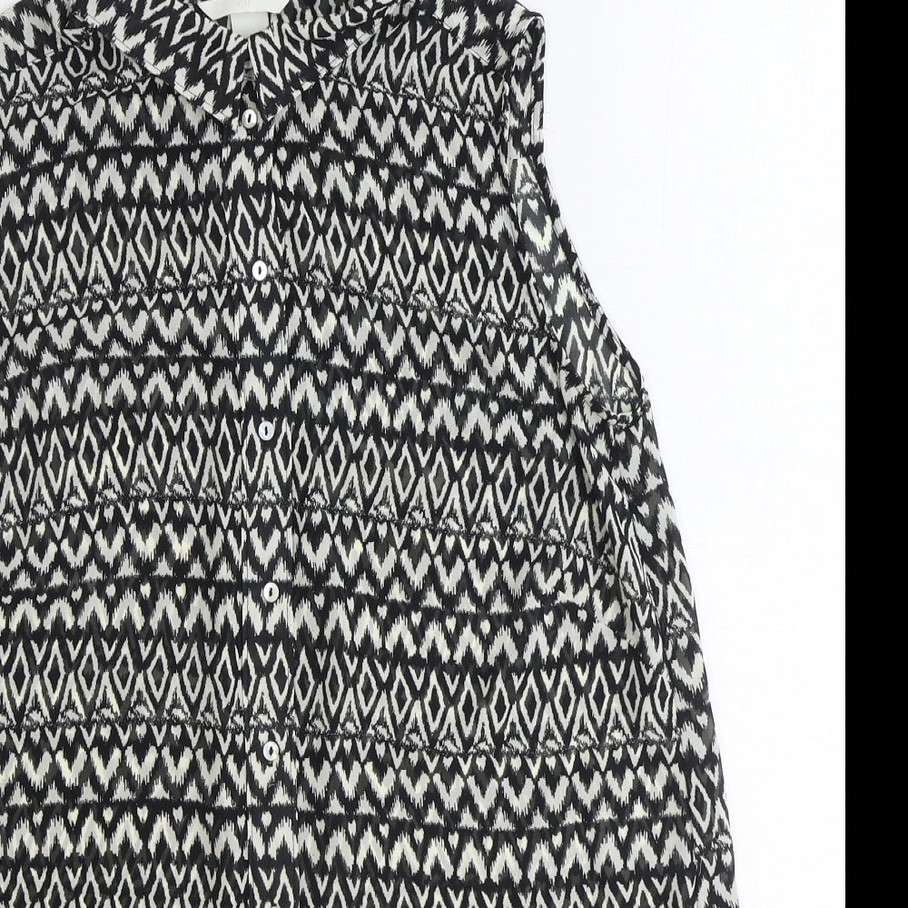 Zara Womens Black Geometric Viscose Basic Button-Up Size 10 Collared