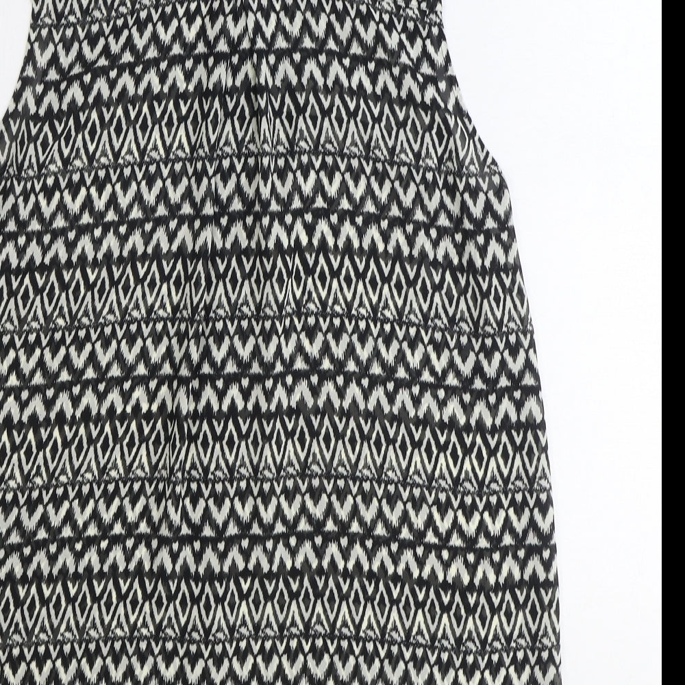 Zara Womens Black Geometric Viscose Basic Button-Up Size 10 Collared