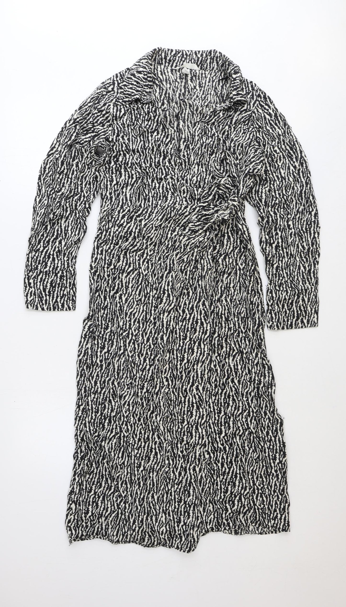 H&M Womens Black Geometric Polyester Wrap Dress Size S Collared Tie