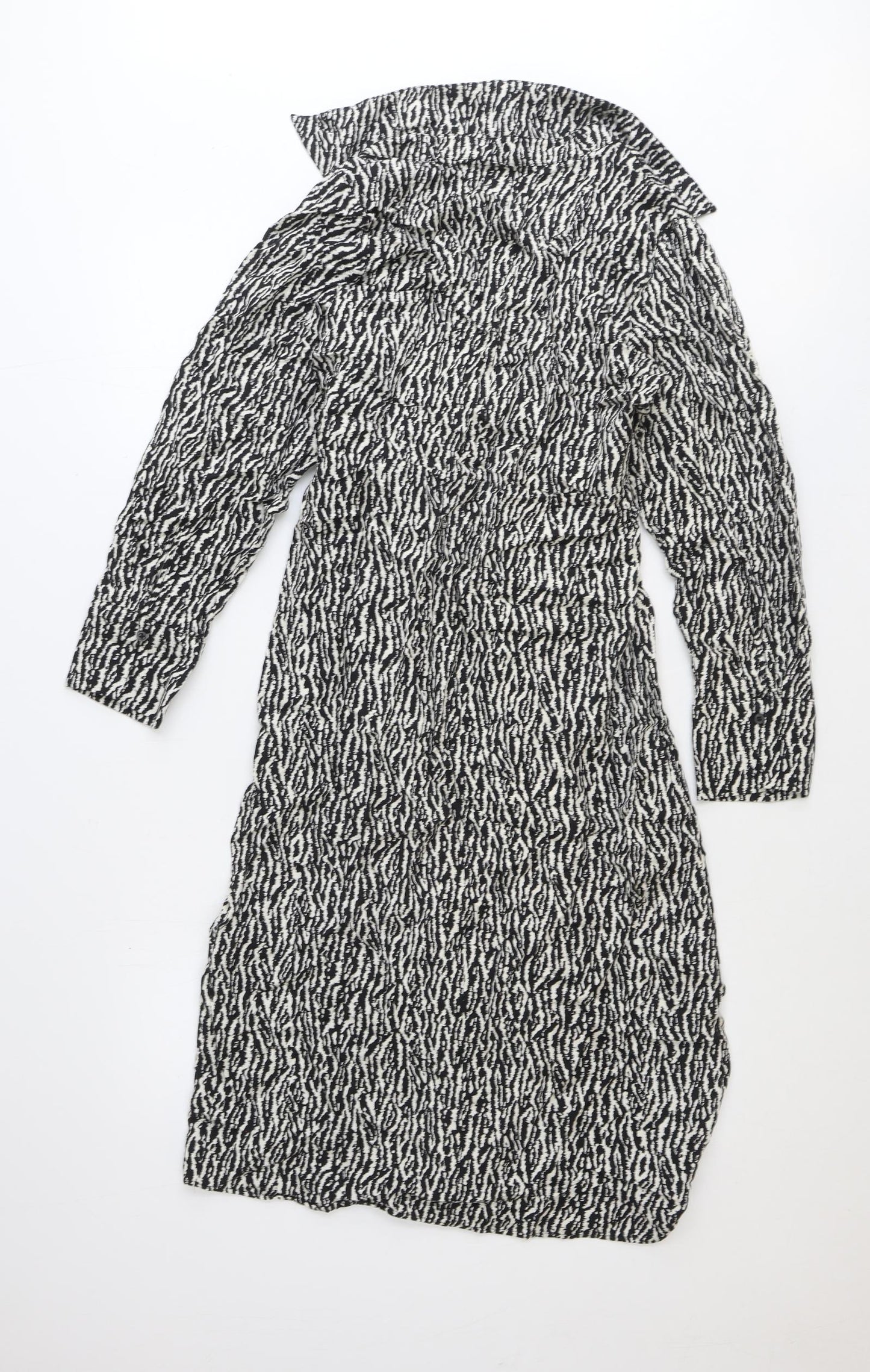 H&M Womens Black Geometric Polyester Wrap Dress Size S Collared Tie