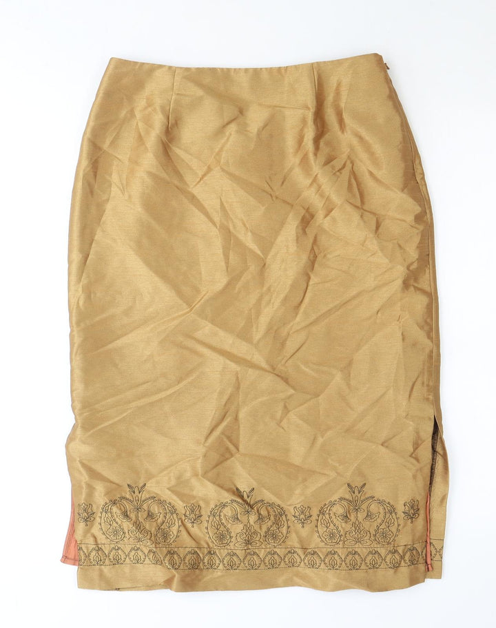 Preworn Womens Gold Polyester Straight & Pencil Skirt Size 12 Zip