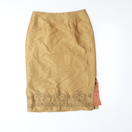 Preworn Womens Gold Polyester Straight & Pencil Skirt Size 12 Zip