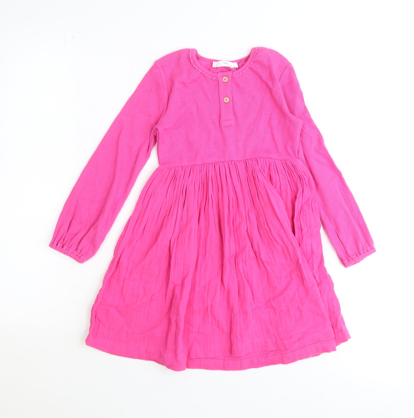 Marks and Spencer Girls Pink Cotton A-Line Size 5-6 Years Round Neck Button