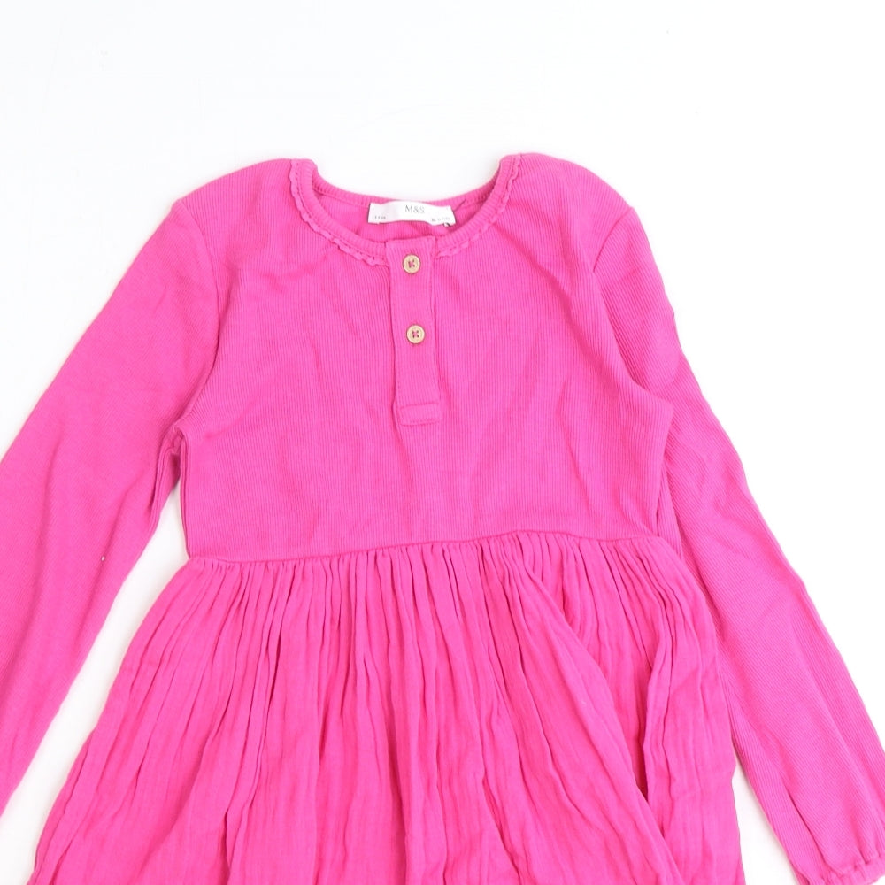 Marks and Spencer Girls Pink Cotton A-Line Size 5-6 Years Round Neck Button