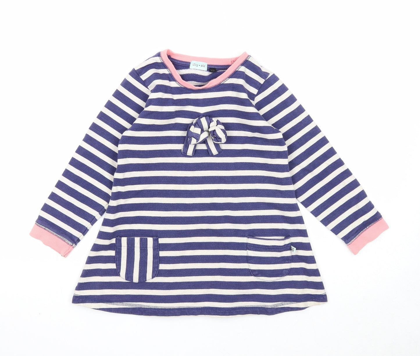 Lilly&Sid Girls Blue Striped Cotton Jumper Dress Size 5-6 Years Round Neck Pullover
