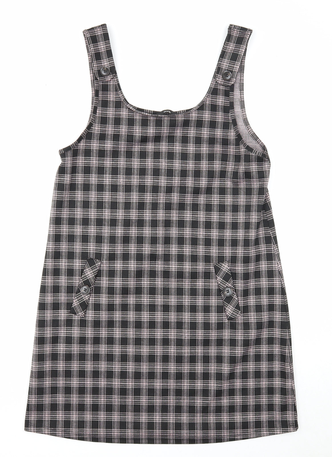 George Womens Black Plaid Polyester Shift Size 8 Scoop Neck Button