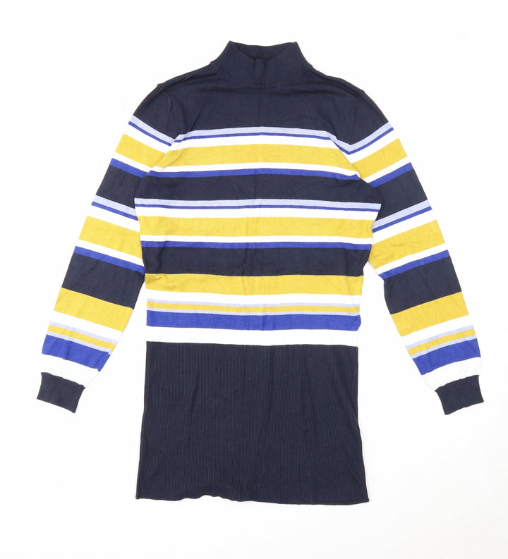 Marks and Spencer Womens Blue High Neck Striped Viscose Tunic Jumper Size 12