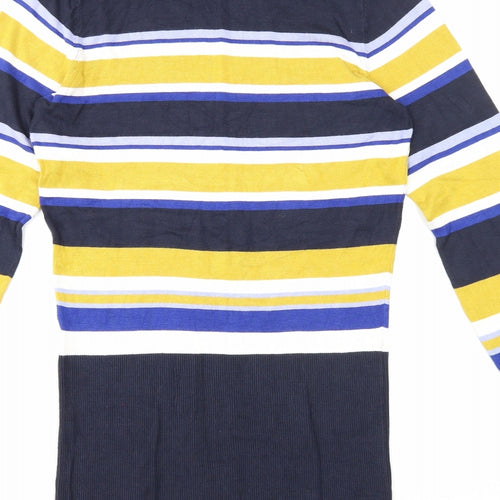 Marks and Spencer Womens Blue High Neck Striped Viscose Tunic Jumper Size 12