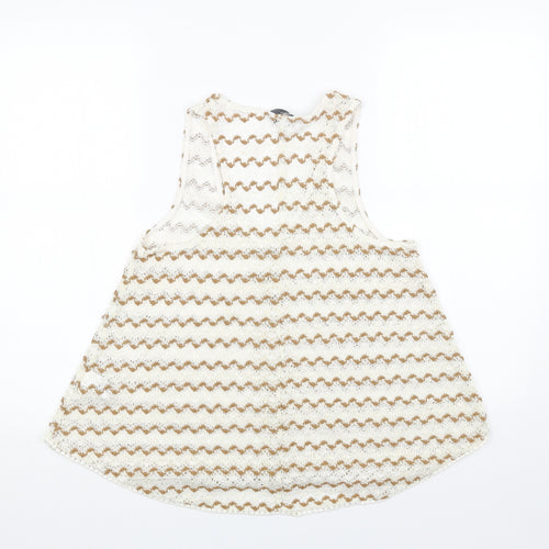 NEXT Womens Beige Striped Cotton Basic Tank Size 10 V-Neck