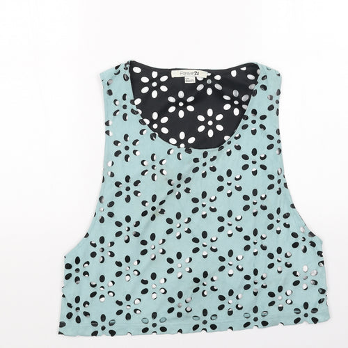 FOREVER 21 Womens Blue Floral Polyester Cropped Tank Size S Scoop Neck