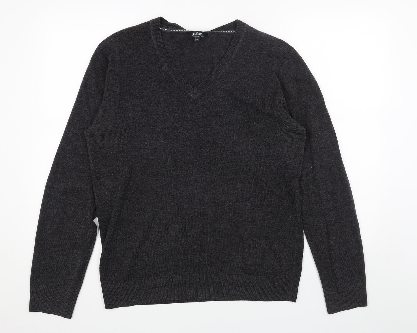 Easy Mens Grey V-Neck Acrylic Pullover Jumper Size M Long Sleeve