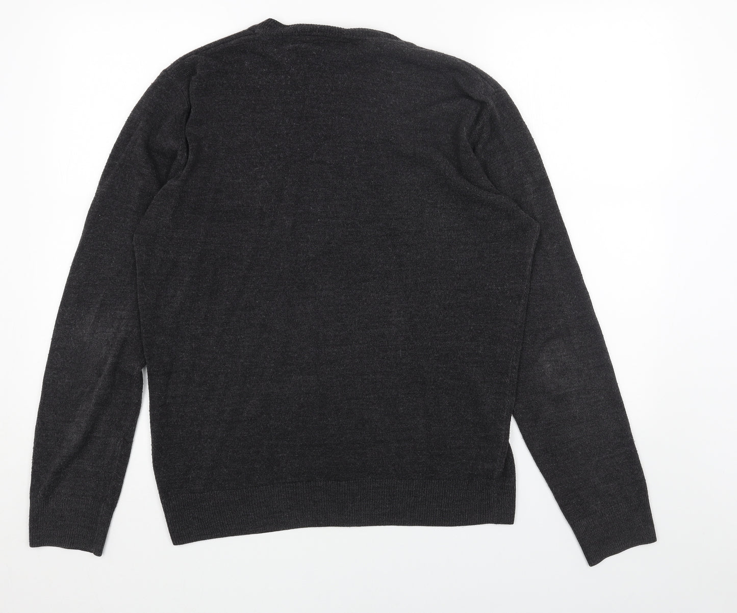 Easy Mens Grey V-Neck Acrylic Pullover Jumper Size M Long Sleeve