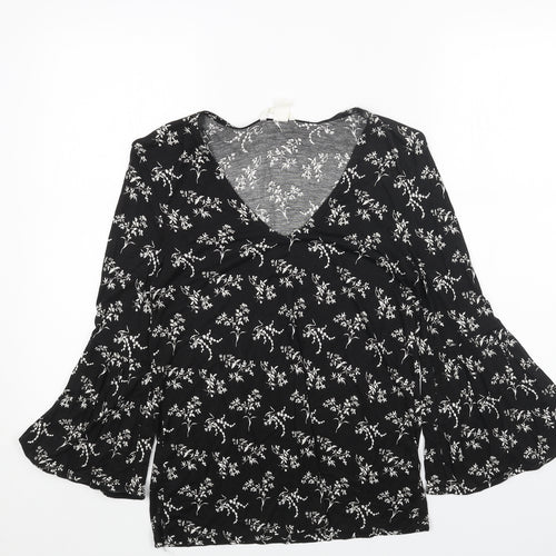 H&M Womens Black Floral Cotton Basic Blouse Size XS V-Neck - Flute Sleeve