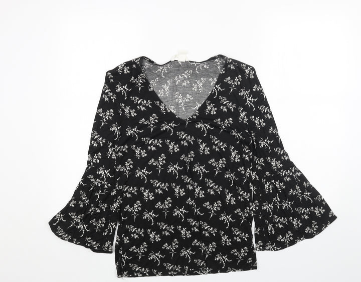 H&M Womens Black Floral Cotton Basic Blouse Size XS V-Neck - Flute Sleeve
