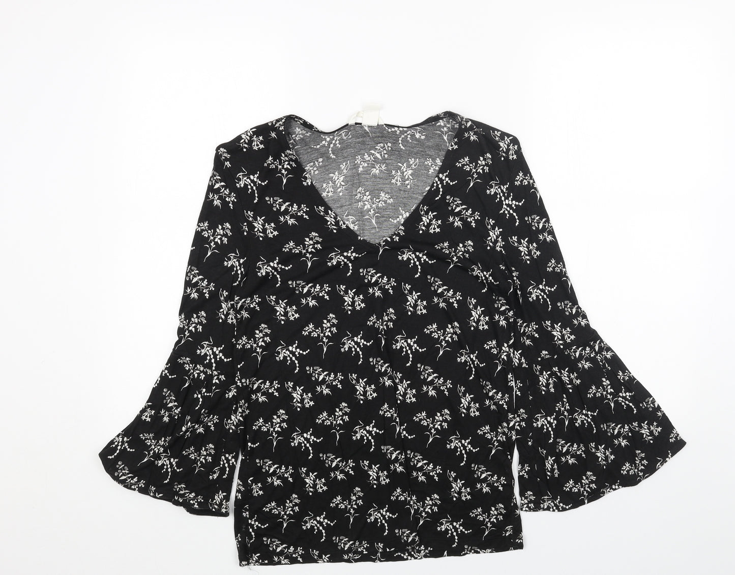 H&M Womens Black Floral Cotton Basic Blouse Size XS V-Neck - Flute Sleeve