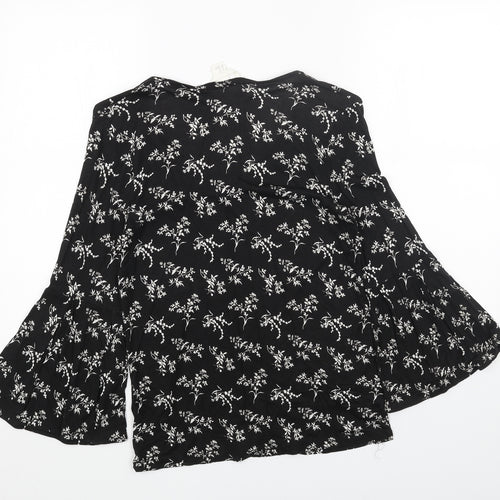 H&M Womens Black Floral Cotton Basic Blouse Size XS V-Neck - Flute Sleeve
