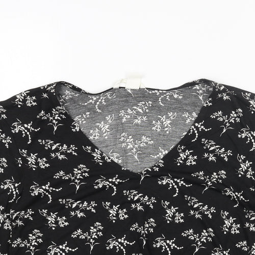H&M Womens Black Floral Cotton Basic Blouse Size XS V-Neck - Flute Sleeve