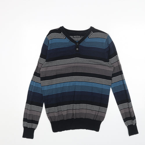 Tom Wolfe Womens Blue V-Neck Striped Acrylic Pullover Jumper Size S