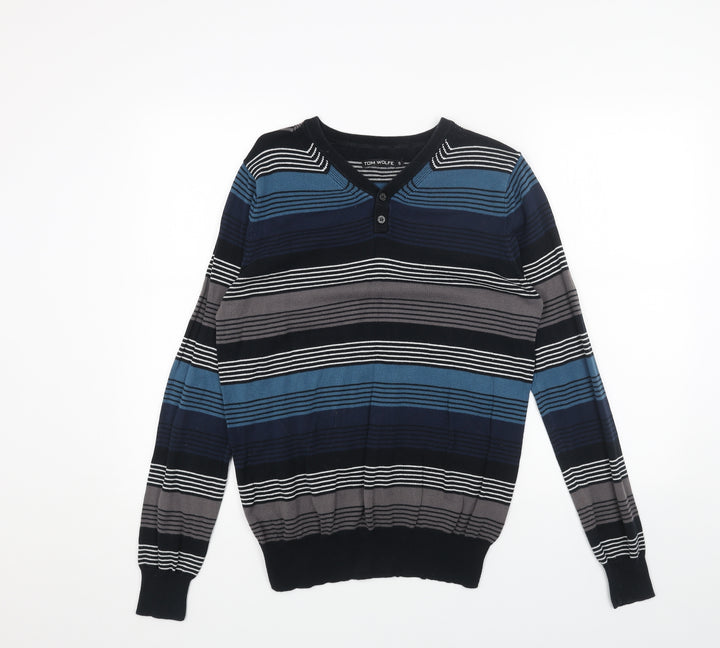 Tom Wolfe Womens Blue V-Neck Striped Acrylic Pullover Jumper Size S
